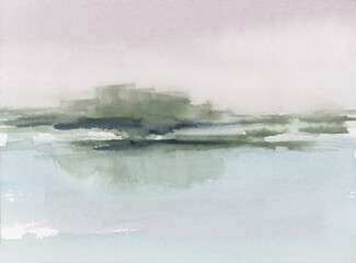 Abstract Landscape with Purple Sky, Green Trees Field, Hand Drawn on Paper