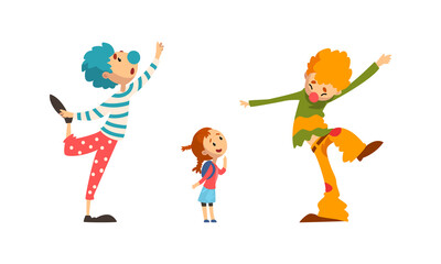 Funny Clowns Characters Set, Colorful Friendly Clowns Entertaining Children at Birthday or Carnival Party Cartoon Vector Illustration