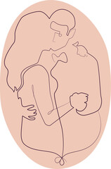 One line drawing man and woman hug, dance. Modern continuous line art, contemporary portrait. Minimalist contour and romantic mood. Great for posters, wall art, bag and t-shirt prints, mobile case.