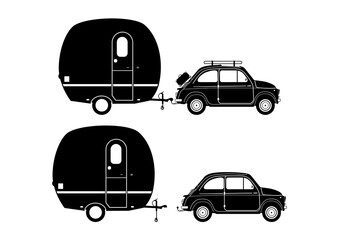 Silhouettes of small vintage car and caravan. Side view. Flat vector.