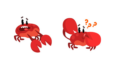Cute Crab Characters Activity Set, Amusement Sea Creatures with Smiling Faces Cartoon Vector Illustration