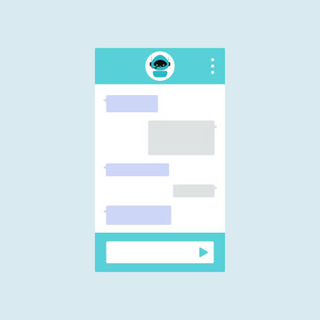 Chat bot dialoge window with cute ai robot on bar. Instant robot chat online service concept. Vector illustration of internet site talk interface with chatbot avatar, message bubbles.