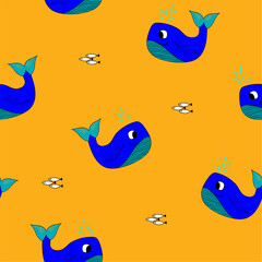 Vector hand drawn childish seamless pattern with cute smiling whale,simple flat illustration,print for kids,baby fashion,textile,interior design,wallpaper,decoration,ocean mammal on orange background.
