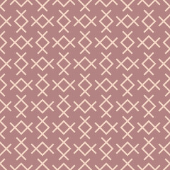 Vector abstract geometric pattern with linear shapes, rhombuses. Ethnic tribal motifs. Subtle minimal geo texture. Modern background in dusty rose color. Repeat design for print, wallpaper, textile