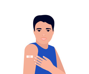 Young man after vaccination show arm with patch. Protection hand with bandage after receiving inoculation. Concept vaccine coronavirus. Vector illustration