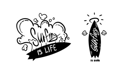 Obraz premium Surfing Logo Set, Surf Club, Shop Monochrome Labels and Emblems Vector Illustration