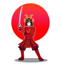 Smart Japanese samurai or ninja or swordsman holding Katana sword dress in red armor drawing in vector