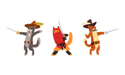 Warlike Animals Set, Musketeer Cat Characters Fighting with Sword Cartoon Vector Illustration