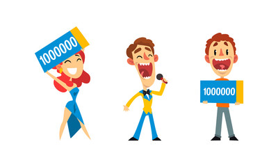 Lucky People Winning Jackpot in Lottery, Men Holding Vouchers on Million Dollars Cartoon Vector Illustration