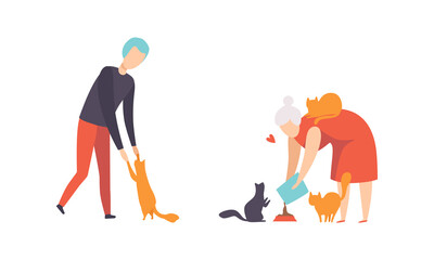 Cat Pet Owners Set, People Hugging and Petting Cats Flat Vector Illustration