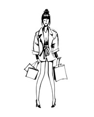 Glamorous Girl with Shopping Bags. Vector Freehand Illustration.