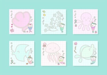Fototapeta na wymiar Set of kawaii notebook page templates. Memo pages decorated with little kitten mermaids and sea creatures. Vector 10 ESP.
