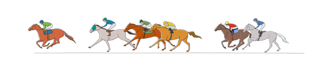 Race horses sprinting around the turn towards the finish line