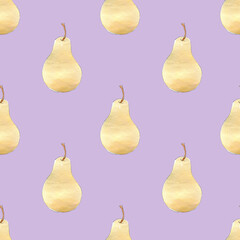 Watercolor illustration seamless pattern, print yellow delicious pears on lilac background
