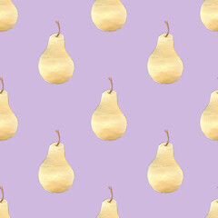 Watercolor illustration seamless pattern, print yellow delicious pears on lilac background