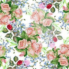 Watercolor roses with blue wildflowers on white background. Floral seamless pattern.