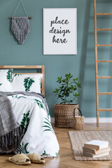 Stylish scandinvian bedroom interior design with mock up poster frame, bed, stairs, carpet, plant and other home accessories. Template..