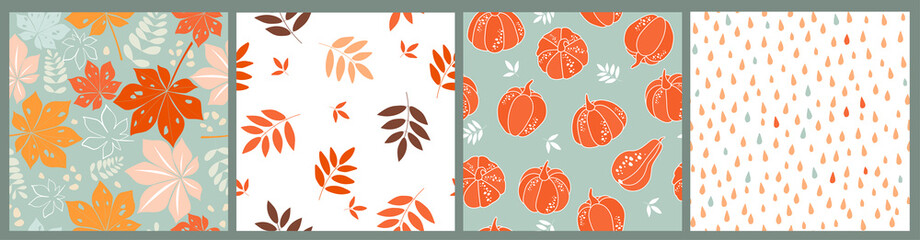 Fototapeta na wymiar A seamless pattern set with autumn leaves, raindrops, branches, pumpkins. Seasonal trend collection of ornaments. Vector graphics.
