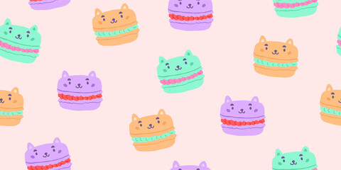 Vector seamless pattern with cat macarons isolated on pink. Kids doodle illustrations. kids unisex textile design, baby textile design with sweets, cats - 446624674
