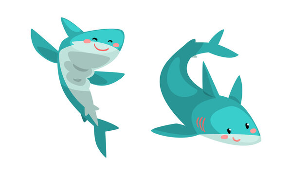 Cute Funny Sharks set, Amusing Sea Animal with Smiling Faces Cartoon Vector Illustration