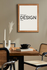 Creative composition of cozy and stylish dining room interior with mock up poster frame, wooden table, chair, black dishes and accessories. Sunny and light space. Neutral colors. Beige walls..