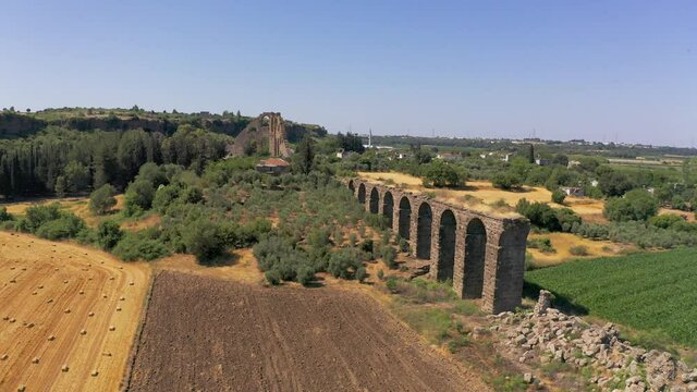 Aerial, Aspendos Aqueduct, Aspendos Su Kemeri, Turkey