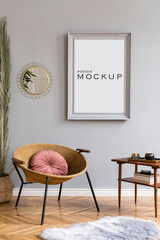 Stylish and luxury interior of living room with design honey yellow armchair, mock up poster frame, retro furniture and elegant accessories in home decor. Template.