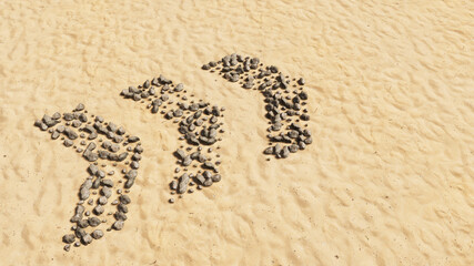 Concept or conceptual stones on beach sand handmade symbol shape, golden sandy background, dangerous turn road sign. 3d illustration metaphor for caution, warning, safety and guidance
