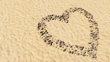 Concept or conceptual stones on beach sand handmade symbol shape, golden sandy background, like icon. 3d illustration metaphor for love, popular, trendy, health, romance and marriage