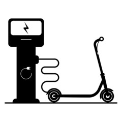 Electric scooter icon at the charging station. Silhouette isolated on a white background.