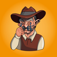The cowboy in the hat is crying