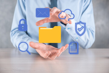 Document Management System DMS .Businessman hold folder and document icon.Software for archiving,...