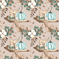 Watercolor autumn seamless pattern with colored pumpkins, leaves, branches, berries, cozy autumn elements.