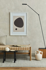 Stylish composition of cozy living room interior with mock up poster frame, pillow on the chaise longue, black modern minimalistic lamp on the wooden cube and elegant personal accessories. 