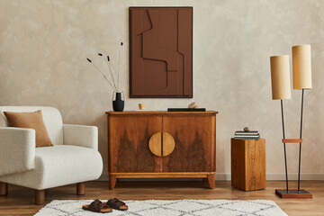 Stylish composition of modern cozy living room interior with structure painting, beige armchair,...