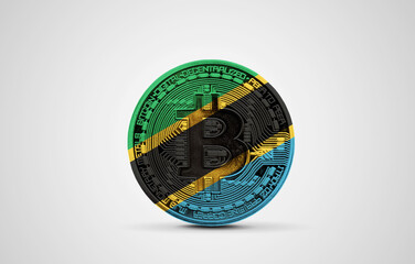 Tanzania flag on a bitcoin cryptocurrency coin. 3D Rendering