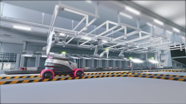 Automatic delivery station. selfdriving drones takes orders and going to clients. Automatic sorting robots with neural technology working with goods