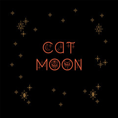 Vector Christmas card with an inscription. Christmas poster with Cat moon in a circle of stars. Illustration with snowflakes, gold on black. Vector illustration