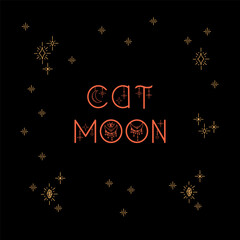 Fototapeta na wymiar Vector Christmas card with an inscription. Christmas poster with Cat moon in a circle of stars. Illustration with snowflakes, gold on black. Vector illustration