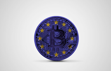 EUropean Union flag on a bitcoin cryptocurrency coin. 3D Rendering