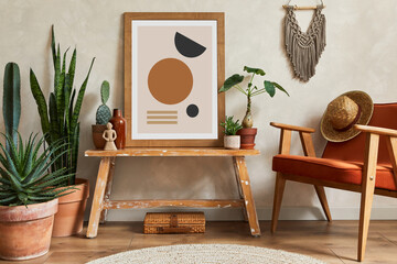 Creative composition of stylish living room interior with mock up poster frame, armchair, cacti and...