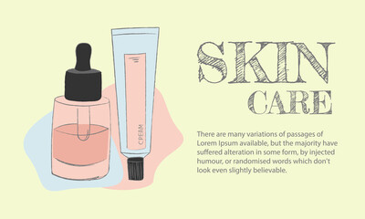 Beauty skin care poster and banner. hand drawn objects: tube of cream and bottle of serum with text template on isolated background.