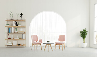 Minimal living room with arched window and white wall, armchair and side table, bookshelf. 3D rendering