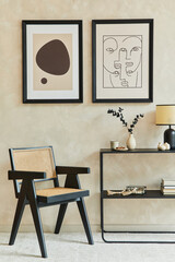 Creative composition of stylish modern living room interior with two mock up poster frames, black...