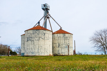Grain elevator and storage silos in rural Texas