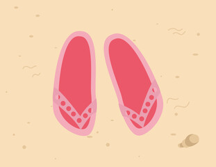 Summer flip-flops on the sand, sea sand. Sneakers on the beach, seashells