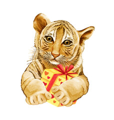 International Tiger Day. Happy birthday, tiger cub! Watercolor illustration of a cute tiger cub with a gift box
