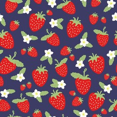 summer pattern of strawberries on a blue background. white flowers. green leaves. vector texture. fashionable print for textiles and wallpaper.