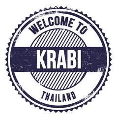 WELCOME TO KRABI - THAILAND, words written on blue stamp