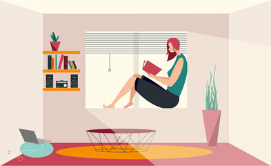 Enjoyment at home, coworking space, concept illustration. Young man freelancer thinking and listening music on phone and working on computer. People at home in quarantine. Vector flat illustration